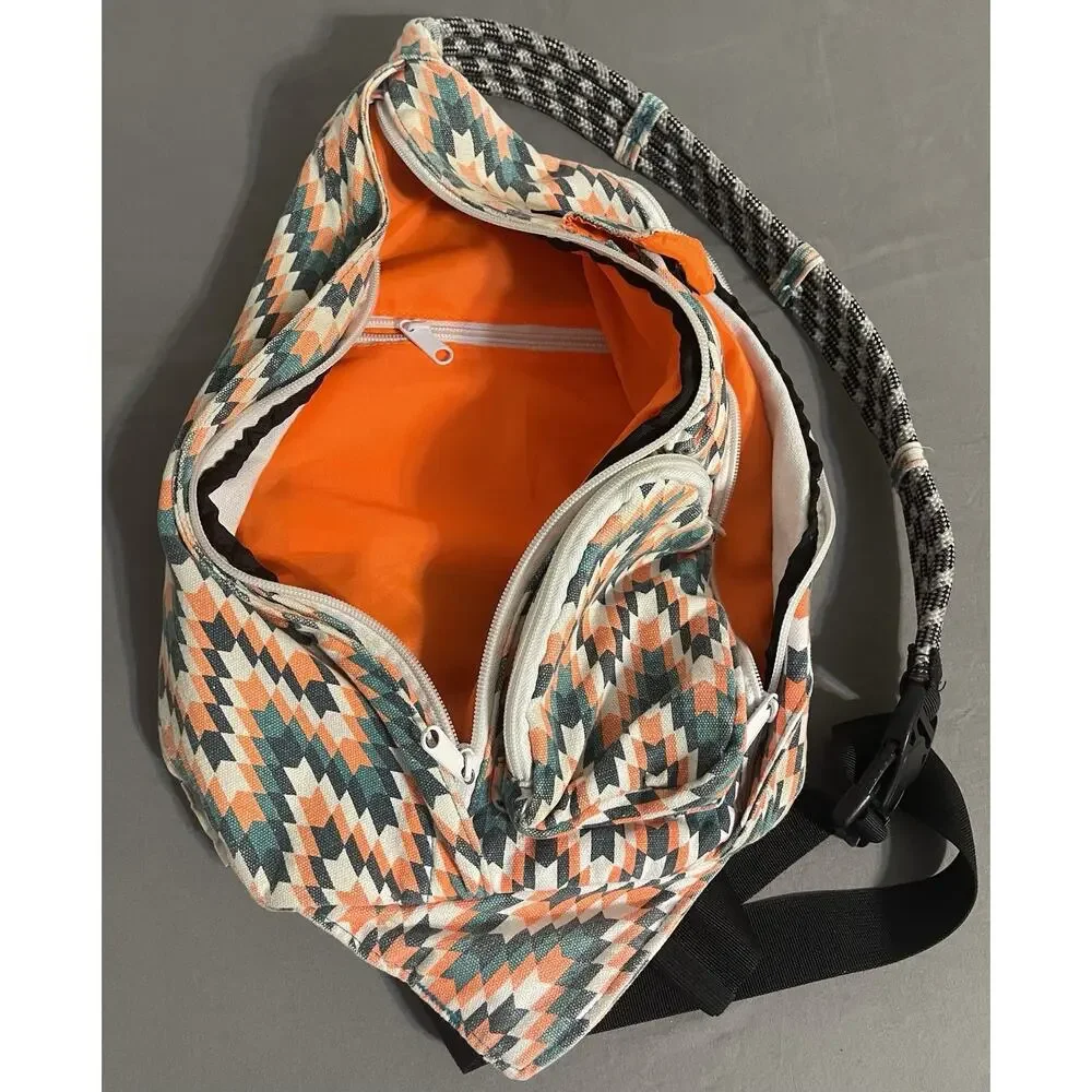 Kavu Rope Sling Bag Geometric Chevron Orange Teal Canvas Crossbody Great